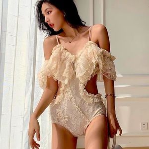Lace Ruffle Cutout One-Piece Swimsuit in Cream